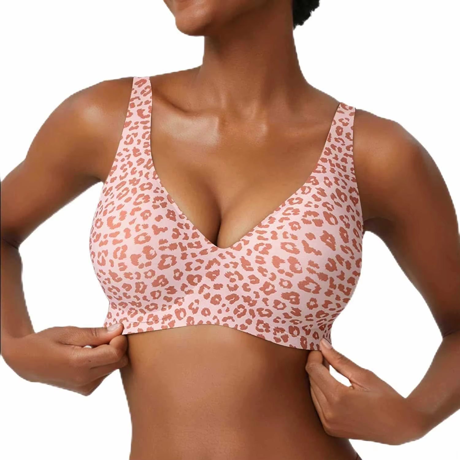 Women'S Wire-Free Seamless Leopard Print Bra Soft Support Full Cup Thin Mold Bra Beautiful and Breathable Supportive plus up Bra