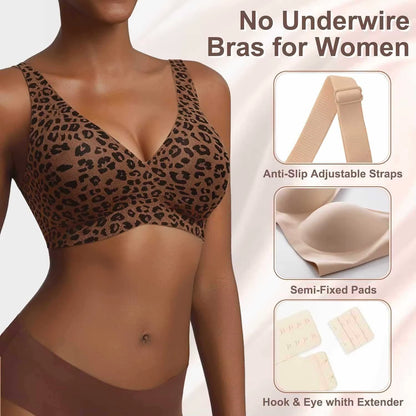 Women'S Wire-Free Seamless Leopard Print Bra Soft Support Full Cup Thin Mold Bra Beautiful and Breathable Supportive plus up Bra